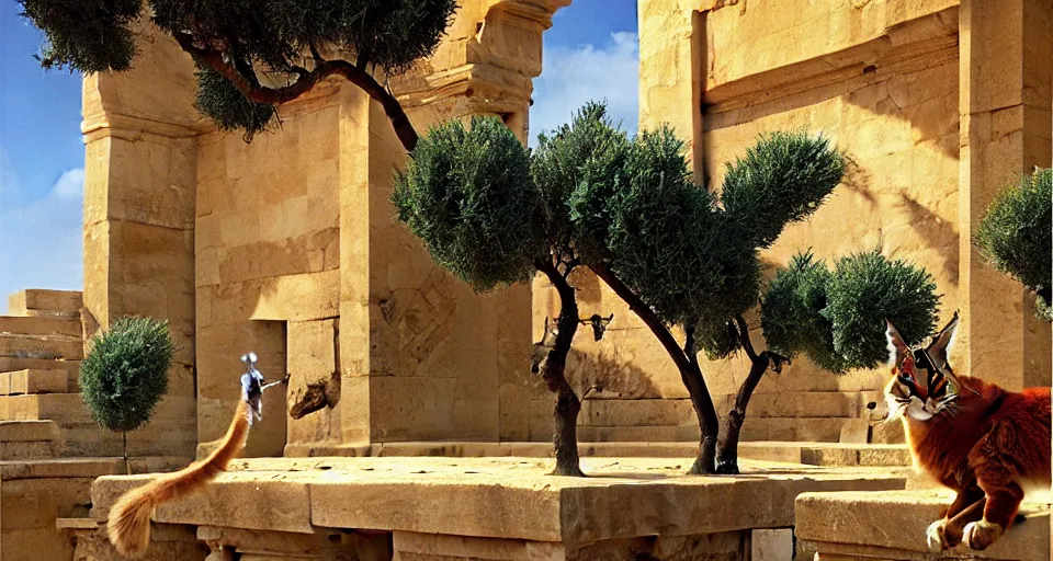 Prompt: pixar cute fluffy caracal in laurel wreath in a ancient greek town, marble temple, olive trees, sunny chris foss, john harris,, wayne barlowe