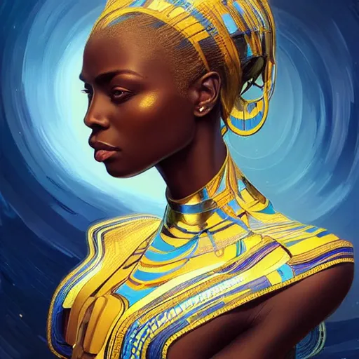 Image similar to Portrait of very very very very very very beautiful african woman, spacesuit, blue eyes, intricate, elegant, highly detailed, digital painting, artstation, concept art, smooth, sharp focus, illustration, art by artgerm and greg rutkowski and alphonse mucha