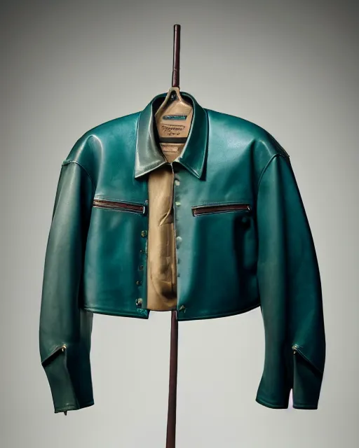 Prompt: an award - winning photo of a teal cropped extremely baggy ancient medieval designer menswear leather jacket with an oversized collar and bootcut trousers designed by alexander mcqueen, 4 k, studio lighting, wide angle lens