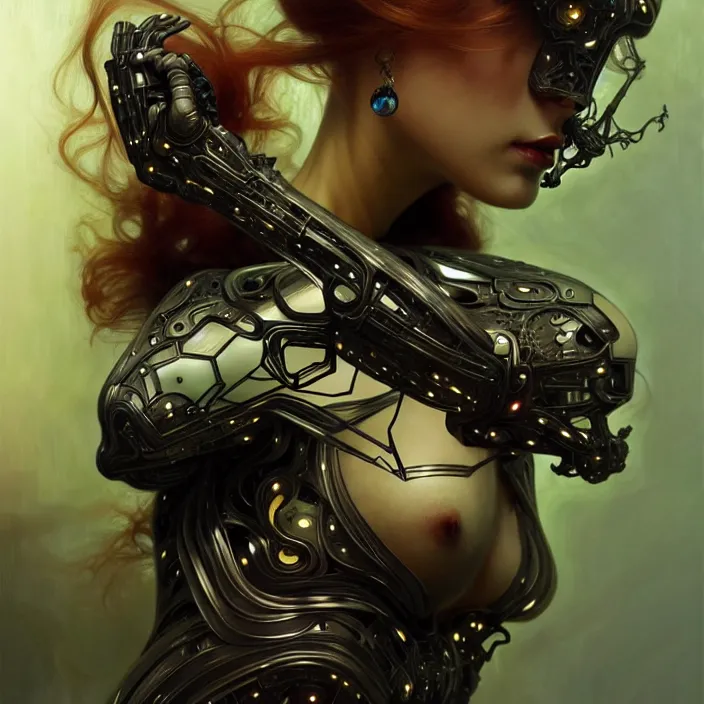 Image similar to organic cyborg, black plastic, diffuse lighting, fantasy, intricate, elegant, highly detailed, lifelike, photorealistic, digital painting, artstation, illustration, concept art, smooth, sharp focus, art by john collier and albert aublet and krenz cushart and artem demura and alphonse mucha