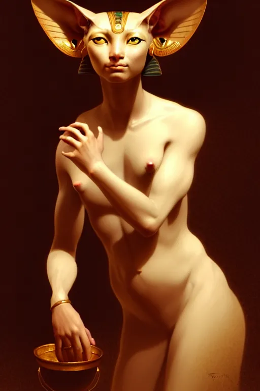 Image similar to portrait of the beautiful egyptian goddess, bastet, bast, woman / cat hybrid, soft torchlight in an egyptian tomb, digital art by ruan jia and mandy jurgens and artgerm and william - adolphe bouguereau, highly detailed, trending on artstation, award winning,