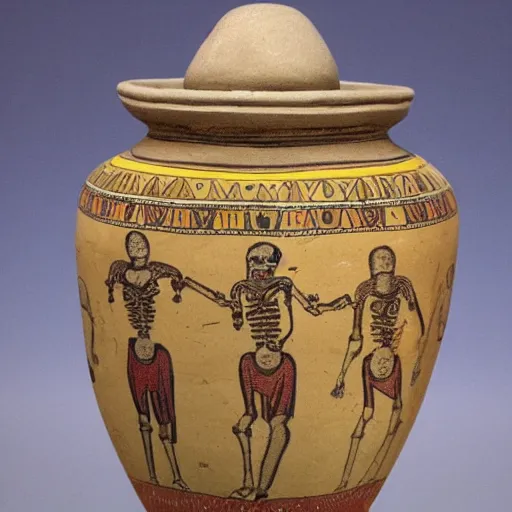 Prompt: roman jar illustrated with exploding skeletons