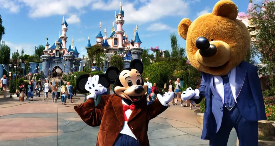 Image similar to disneyland in paris, with a giant bear with a suit