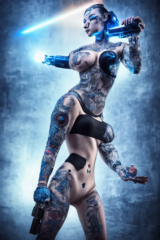 Image similar to Hot young woman with grey skin, blue hair, tattoos, wearing cyborg body components and holding advanced laser sword on top of an advanced futuristic tank, full figure, hyperrealistic, photorealistic, HDR, volumetric lighting, bokeh