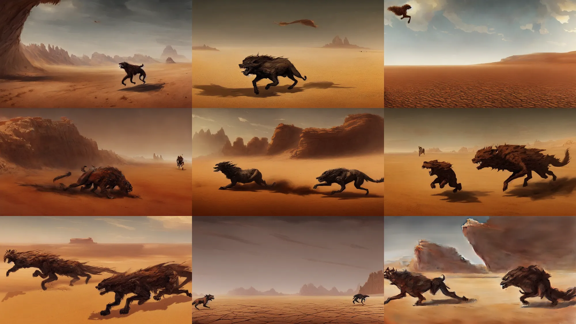 Image similar to beast running across the open desert, empty desert, sand, karst landscape, wide shot, concept art by greg rutkowski