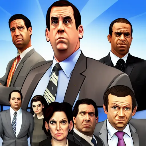 Prompt: the cast of tv show the office in the style of a grand theft auto game cover, high resolution