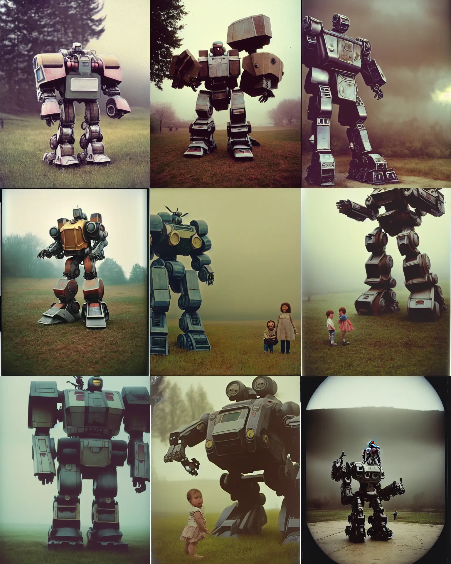 Prompt: giant oversized battle robot mech as giant baby on a village, Cinematic focus, Polaroid photo, vintage, neutral colors, soft lights, foggy, by Steve Hanks, by Serov Valentin, by lisa yuskavage, by Andrei Tarkovsky