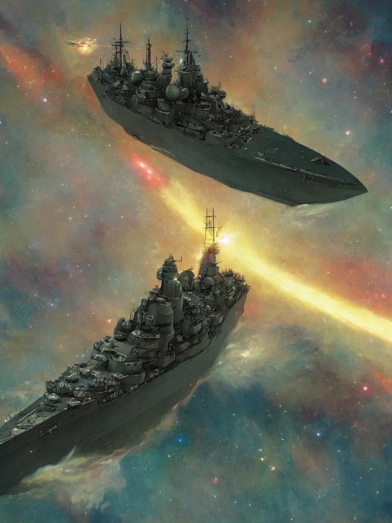 Prompt: World War II battleship going to lightspeed in a nebula, by Mucha, trending on ArtStation