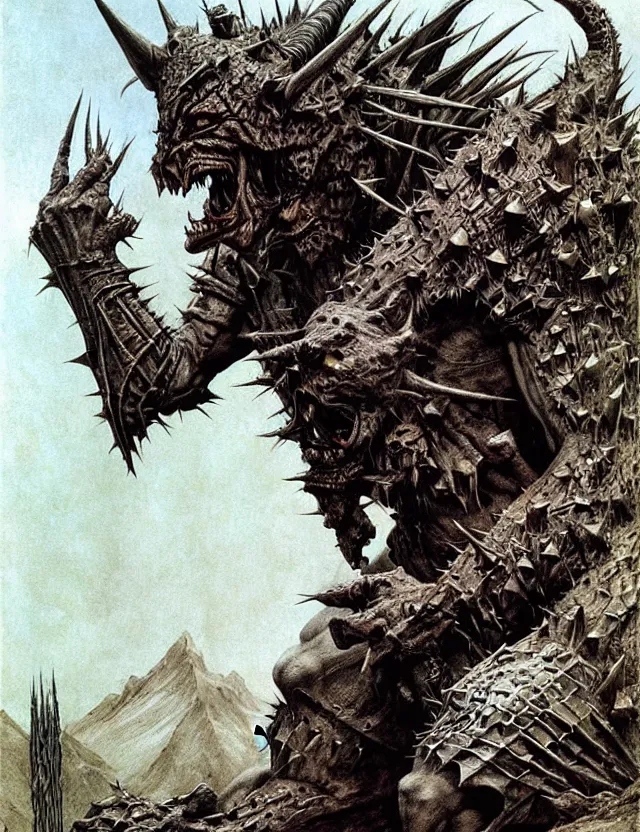 Image similar to A powerful large fanged orc with pale skin covered in scars stands near the mountains, wearing spiky complex detailed armor without a helmet. Extremely high detail, realistic, fantasy art, scars, solo, masterpiece, saturated colors, art by Zdzisław Beksiński, Arthur Rackham