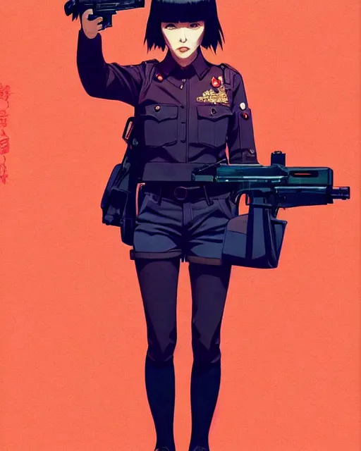 Prompt: girl wearing uniform, holding pistol at side, windy, cool pose | | audrey plaza, fine detail!! anime!! realistic shaded lighting!! poster by ilya kuvshinov katsuhiro otomo ghost - in - the - shell, magali villeneuve, artgerm, jeremy lipkin and michael garmash and rob rey