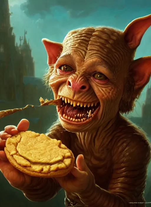 Image similar to highly detailed closeup portrait of a medieval goblin eating cookies, unreal engine, hyung tae, frank frazetta, nicoletta ceccoli, mark ryden, lostfish, earl norem, global illumination, god rays, detailed and intricate environment