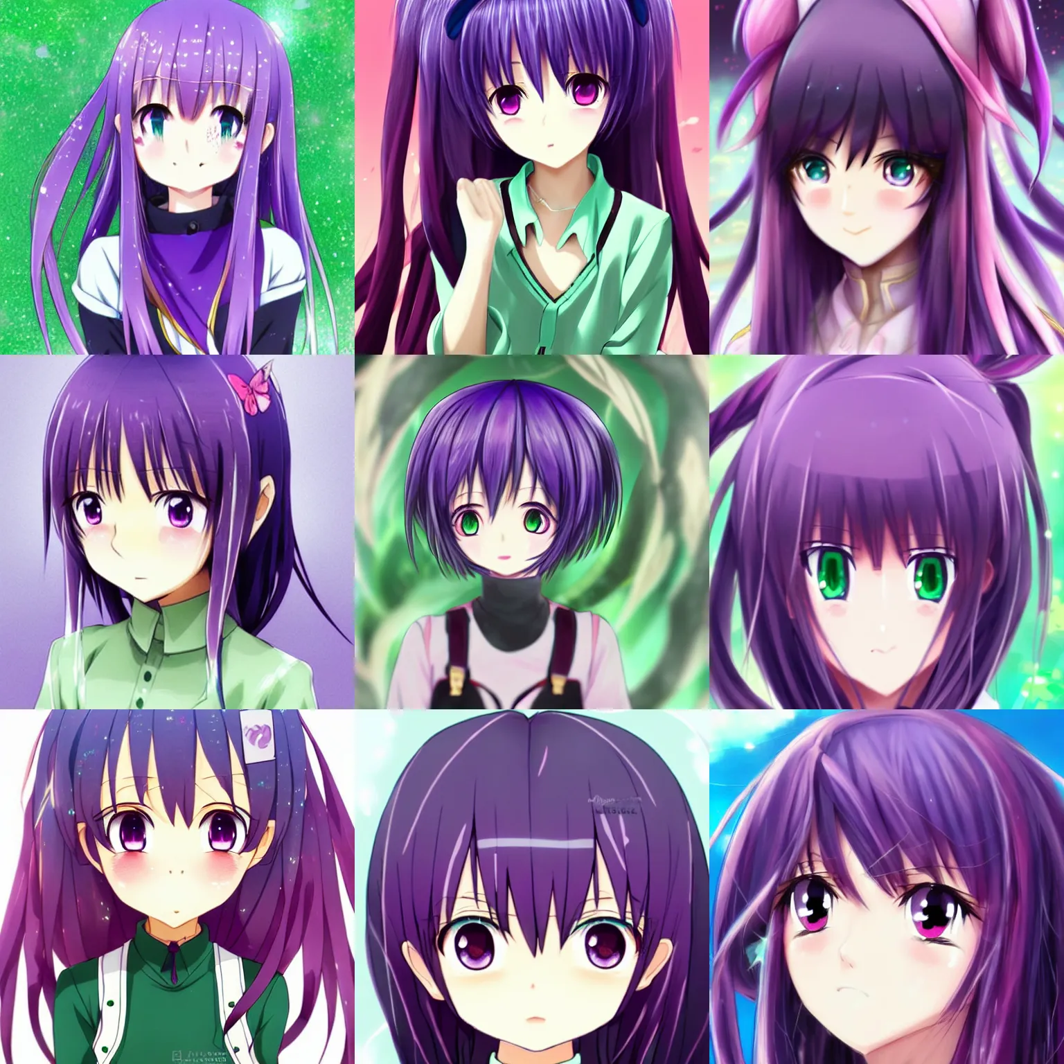 Prompt: cute pretty anime lariennechan portrait with green eyes, big round eyes, symmetrical face, purple hair