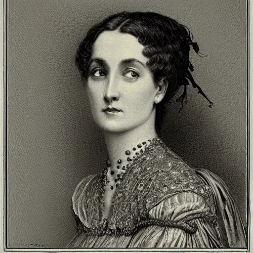 Image similar to realistic portrait of a victorian woman, illustration by Gustave Doré