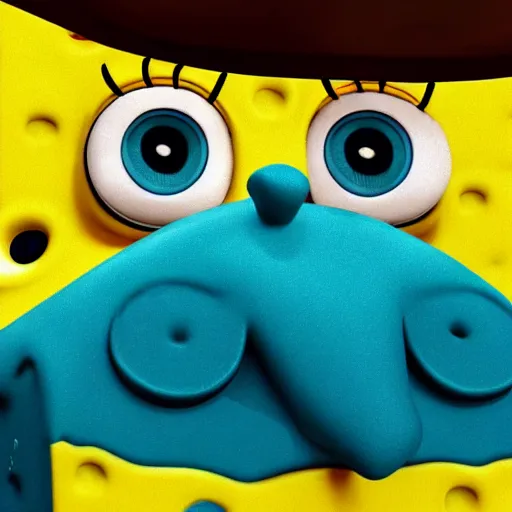 Prompt: close - up of spongebob with a sad expression slouching on a bench, global illumination!!! dim lighting, sad lighting, sad mood, blue, midnight, cinematic, extremely detailed, beautiful, stunning composition, beautiful light rays, trending on artstation