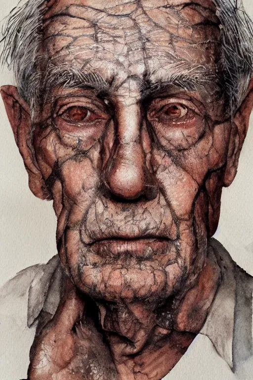 Image similar to portrait of a old man with aquarelle painted skin. close up, very dark brown hair, light eyes, intricate dark flowers pattern background, high detail, by Eddie Mendoza