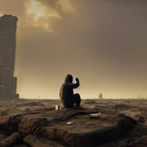 Image similar to a beautiful award-winning photo of the last man on Earth wearing a hazmat suit, sitting and depressed, serene post-nuclear background, a huge nuclear cloud, a mirage of a skyline of a destroyed city, numerous fires, volumetric lighting, haze, very high quality, extremely detailed, subtle visual noise, unreal engine 5, 8K