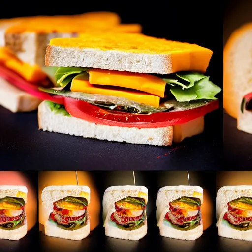 Image similar to sandwich of led lights with tofu, tomato and cheddar, studio photo, amazing light