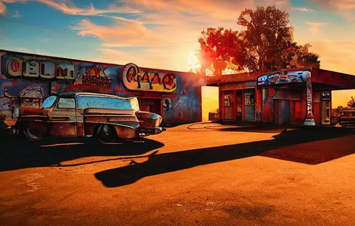 Image similar to a sunset light landscape with historical route 6 6, lots of sparkling details and sun ray ’ s, blinding backlight, smoke, volumetric lighting, colorful, octane, 3 5 mm, abandoned gas station, old rusty pickup - truck, beautiful epic colored reflections, very colorful heavenly, softlight