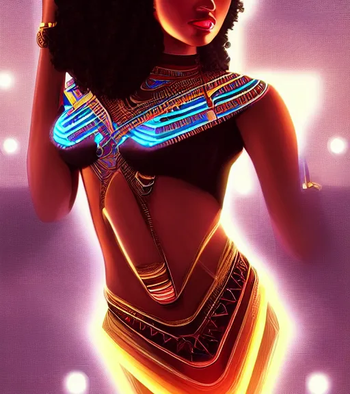 Image similar to symmetry!! egyptian princess of technology, solid cube of light, hard edges, product render retro - futuristic poster scifi, lasers and neon circuits, beautiful brown skin woman egyptian princess, intricate, elegant, highly detailed, digital painting, artstation, concept art, smooth, sharp focus, illustration, dreamlike, art by artgerm