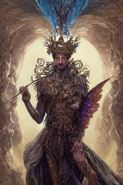 Image similar to upper body portrait shot of adrien brody as king oberon, fairy wings, lord of beasts, highly detailed, digital painting, artstation, concept art, soft focus, depth of field, artgerm, tomasz alen kopera, peter mohrbacher, donato giancola, wlop, boris vallejo