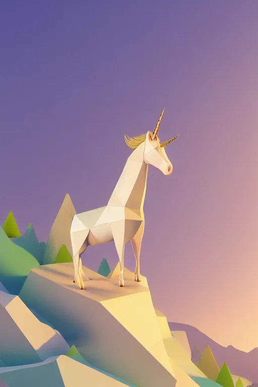 Image similar to geometric 3 d render, soft bright pastel, anthropomorphic egg riding unicorn in the middle, mountains surrounding, rule of thirds