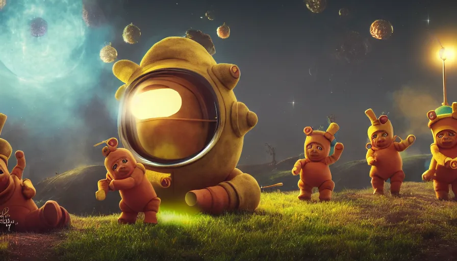 Prompt: steampunk teletubbies smoking, dancing in the moonlight, ultra realistic, concept art, intricate, details, photorealisti,c octane render, 8k