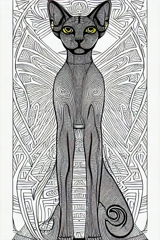 Image similar to sphynx dog egypt cat statue ornate luxury fractal ink drawing line art colouring page, vector, colorful, margins, fine lines, centered