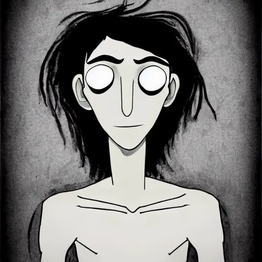 Image similar to young man portrait, black hair, skinny, sleep deprived, corpse bride art style