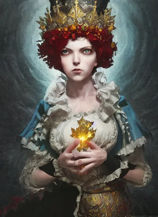 Image similar to queen of hearts, black clover, naturel, hyper detailed, digital art, trending in artstation, cinematic lighting, studio quality, smooth render, unreal engine 5 rendered, octane rendered, art style by klimt and nixeu and ian sprigger and wlop and krenz cushart