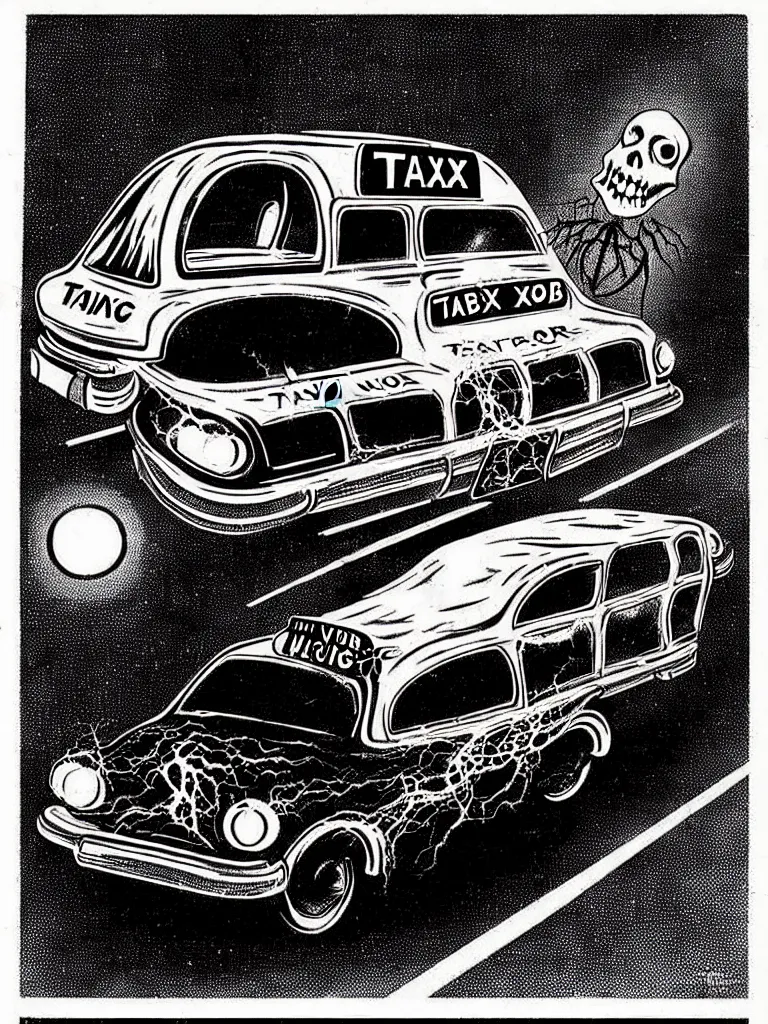 Image similar to Vintage Horror Illustration of a Blob Creature Consuming a Taxi Cab. Glowing , Spooky lighting , Pinterest