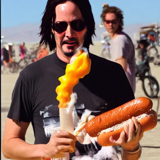 Prompt: keanu reeves dressed as a baby smoking a hot dog at burning man