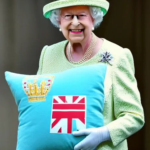 Prompt: The Queen of England holding an anime plush pillow and smiling