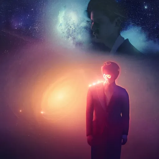 Prompt: silhouette of man, filled with deep space field of twinkling stars, award-winning portrait, fantasy horror, 8k, 4k, , matte finish, pixiv, unnerving, volumetric lighting, highly detailed