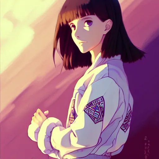 Image similar to a beautiful! boyish! natalie portman alluring gravure! model, wearing oversized mayan bomber jacket and leotard with overalls, bulky poofy bomber jacket with mayan patterns, aztec street fashion, trending on pixiv fanbox, painted by greg rutkowski makoto shinkai takashi takeuchi studio ghibli, akihiko yoshida