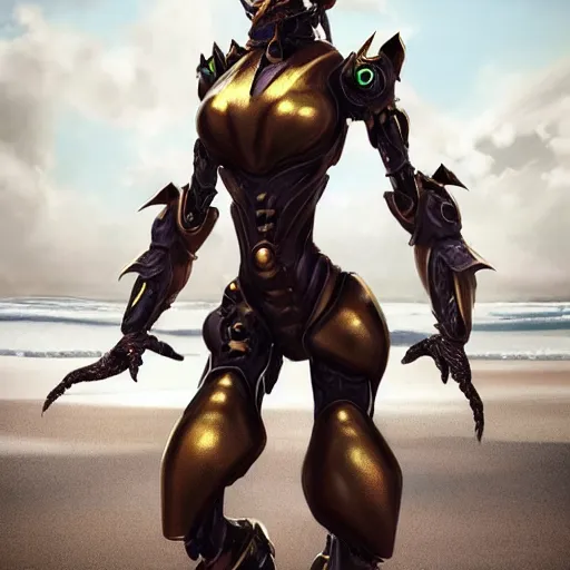 Image similar to a highly detailed beautiful anthropomorphic robot female dragon with smooth and streamlined armor, two arms and two legs, sharp and intimidating claws on her hands and feet, long tail with a blade on the end, doing an elegant pose on the beach, artstation, DeviantArt, professional, octane render