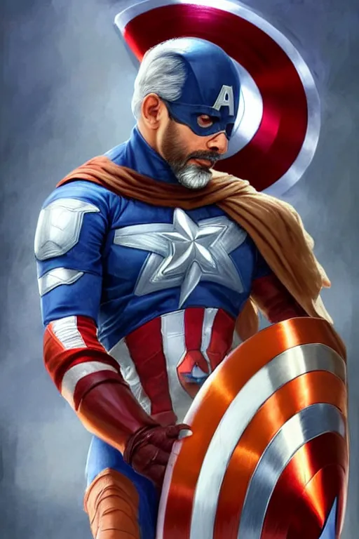 Image similar to Narendra Modi as Captain America, claws are up, red and blue Captain America costume, Narendra Modi hairstyle and beardstyle, calm, grumpy, portrait, masculine figure, highly detailed, digital painting, artstation, concept art, smooth, sharp focus, illustration, cinematic lighting, art by artgerm and greg rutkowski and alphonse mucha