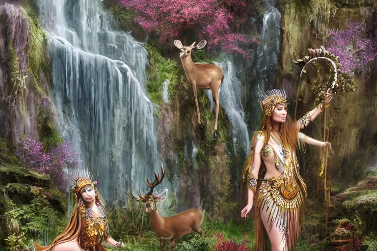 Image similar to A beautiful divine tribal high priestess with feathers and crystals in a lush field of flowers, highly detailed medieval temple with waterfall and Deer behind her, wide painting by greg rutkowski and HR Giger, Zbrush, Trending on artstation:1 H 1024