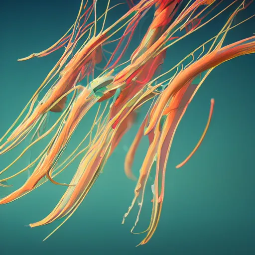 Prompt: a group of jellyfish growing form tree branch in sunset mountain,C4d,8k,futuristic digital art,details shining colors ,style of Andy Warhol