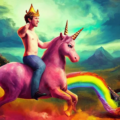 Image similar to mark zuckerberg riding a unicorn, pointing, wearing a crown, paradise landscape, vivid colors, pastelle, digital art, trending on artstation