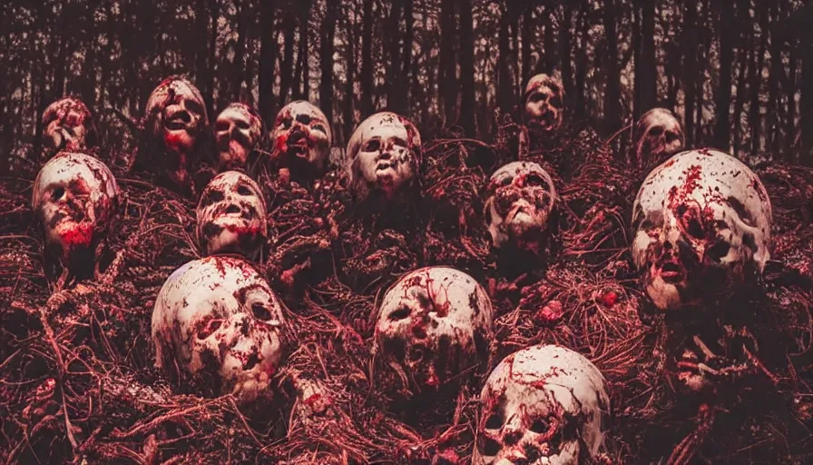 Prompt: “Explosion of doll heads covered in blood in a strange dense forest at night, close up, cinematic lighting, highly detailed special effects”