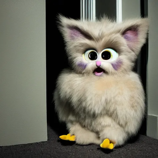 Image similar to Found footage of a dimly lit bedroom with a single furby sitting in the center of the room, staring at the viewer in the doorframe