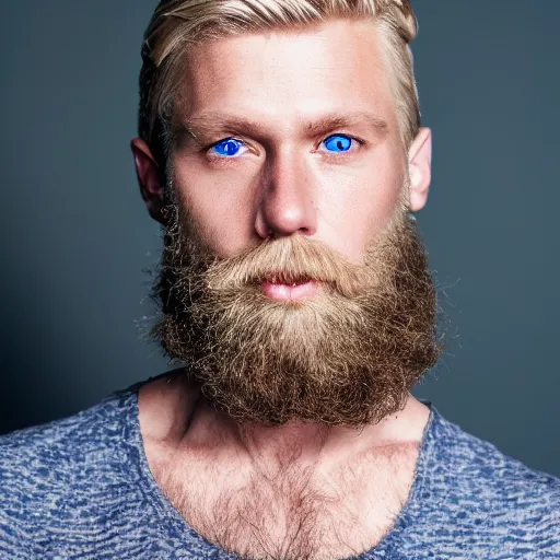 Image similar to close up of face of 4 0 year old anglo slavic blond man with a trimmed blond beard, short wavy blond hair, sapphire blue eyes, portrait, 4 k