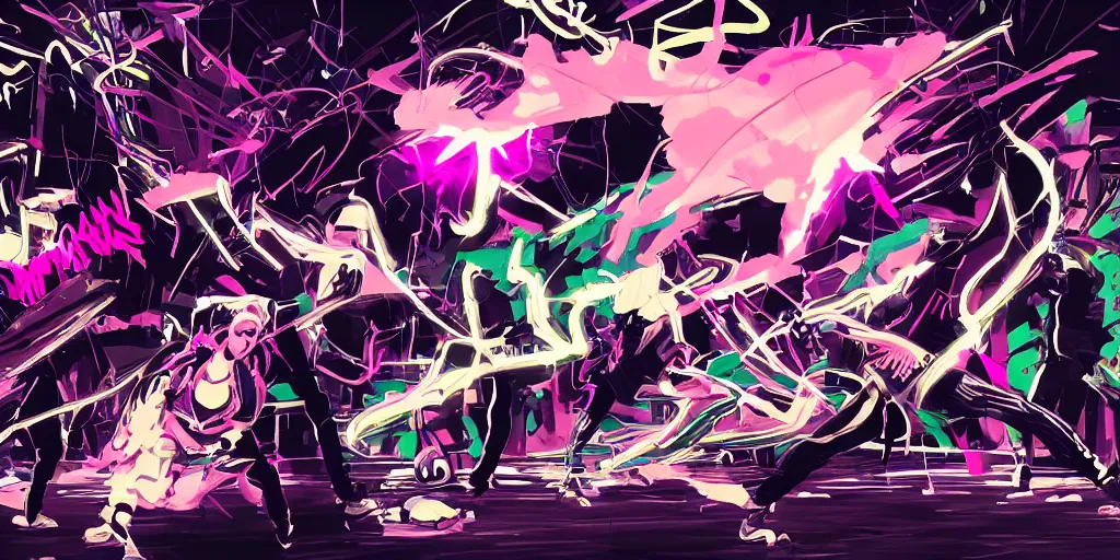 Prompt: Lightning rap battle, silhouettes, digital art, vapor wave, hip hop, graffiti, trending on Artstation, professional artist, detailed, 4k