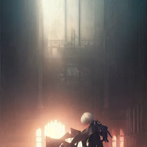 Image similar to 2 b nier automata. atmospheric lighting. detailed matte portrait painting by greg rutkowski.