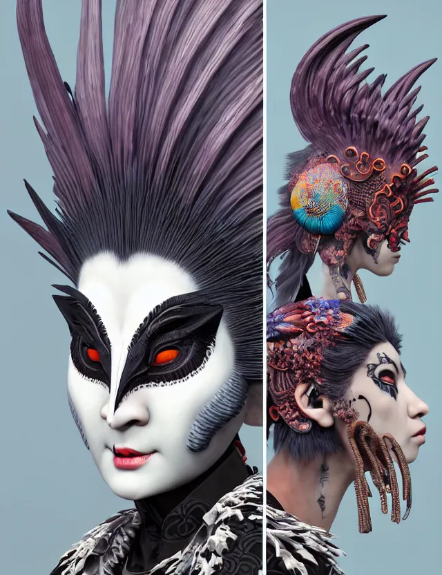 Image similar to 3 d goddess close - up profile portrait punk with mohawk with ram skull. beautiful intricately detailed japanese crow kitsune mask and clasical japanese kimono. betta fish, jellyfish phoenix, bio luminescent, plasma, ice, water, wind, creature, artwork by tooth wu and wlop and beeple and greg rutkowski