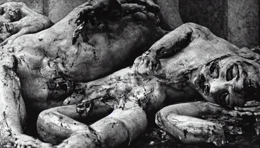 Prompt: movie still close - up by tarkovsky caligula dead - slaughtered on his throne in a neoclassical room, cinestill 8 0 0 t 3 5 mm, high quality, heavy grain, high detail, dramatic light, cinematic composition, flares, anamorphic, blood, bleeding, by josef sudek