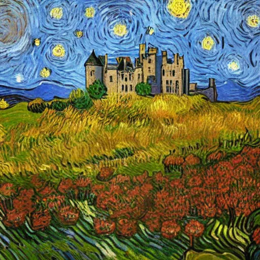 Prompt: a lovely scottish castle in a wide field, surrounded by flowers warm lighting in the style of Vincent Van gogh
