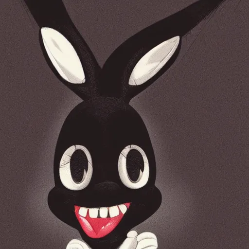 Image similar to A extremely highly detailed majestic hi-res beautiful, highly detailed head and shoulders portrait of a scary terrifying, horrifying, creepy black cartoon rabbit with scary big eyes, earing a shirt laughing, hey buddy ole pal, let's be friends, in the style of Walt Disney