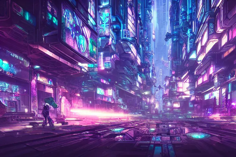 Image similar to a psychedelic cyberpunk city at the edge of existence where intensely creative astral beings live, in the style of wlop, illustration, epic, fantasy, hyper detailed, smooth, unreal engine, sharp focus, ray tracing