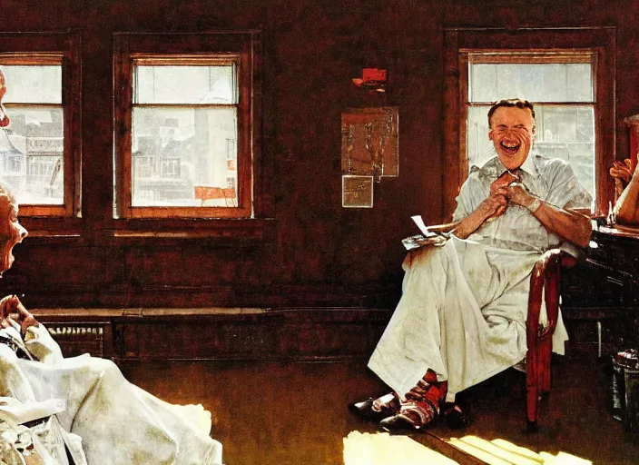 Image similar to a laughing man sitting by the window, a slim woman in the background, norman rockwell